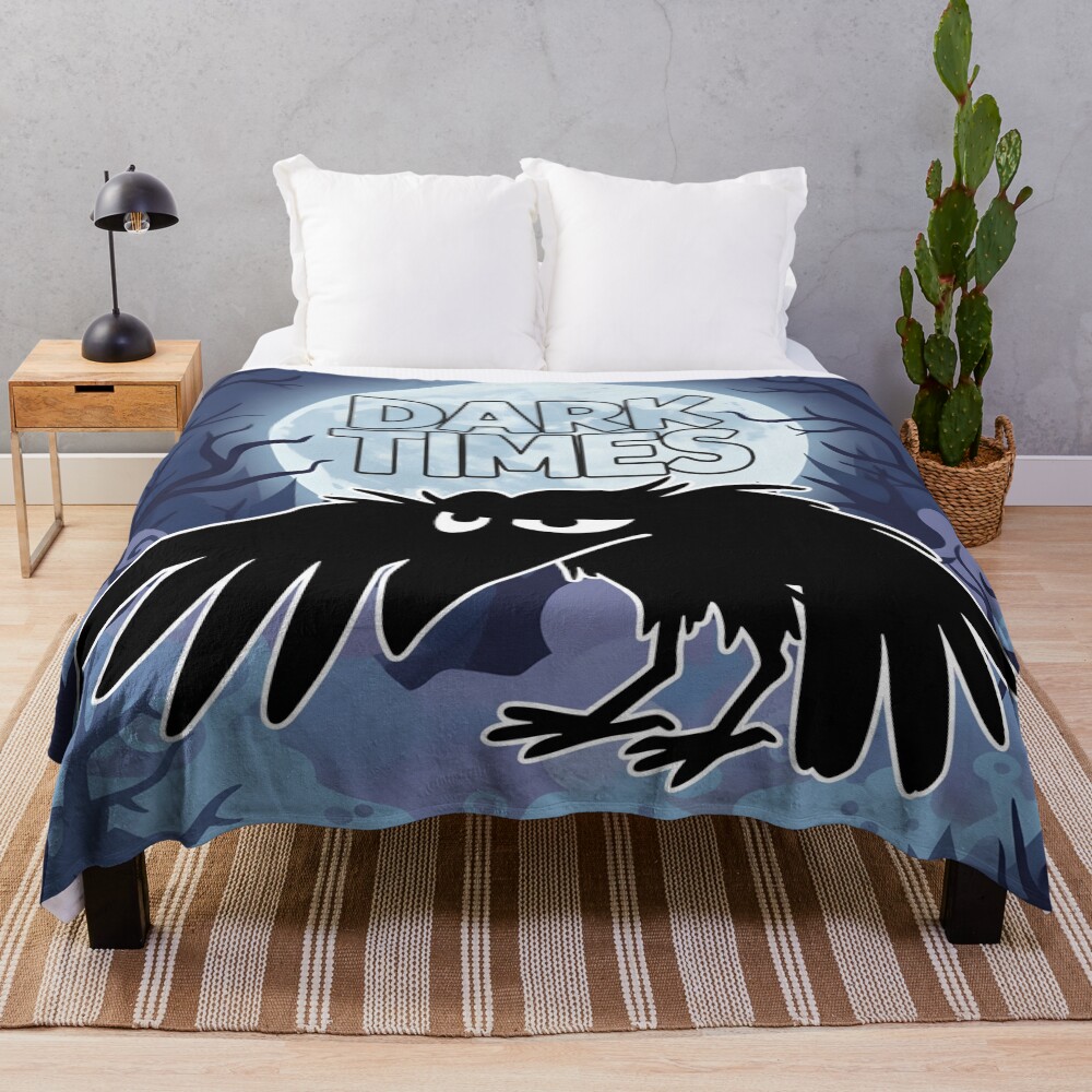 Dark Times Grumpy Raven Cartoon Throw Blanket